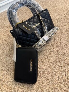 bebe Black Quilted Top-Handle Mini Bag with Matching Black Zip Wallet